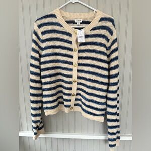 J. Crew Women's  Navy and Cream Striped Lady Jacket Cardigan with gold buttons